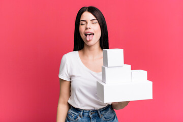 with cheerful and rebellious attitude, joking and sticking tongue out. blank different boxes