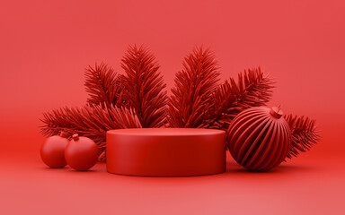 Bright red color decorative composition postament with chtistmas tree branch and festive glass...