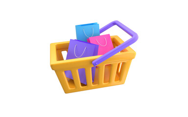 Shopping basket with paper bags, blue, pink violet colors. Yellow plastic shopping cart isolated on white background. 3d rendering