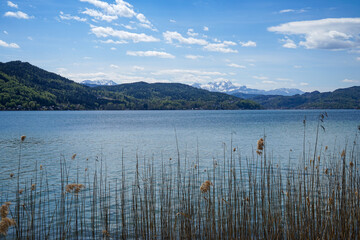 Fototapeta na wymiar Idyllic austrian lake scenery: Typical austrian. Famous lake for holiday woerthersee wörthersee in carinthia, klagenfurt, austria