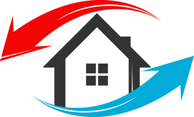 Heating and ventilation of the house. Red and blue arrows. Air conditioner symbol