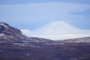 Snowy Northern Iceland - panoramic view of Þjóðfell from the junction of the ring road (road 1) and road 85