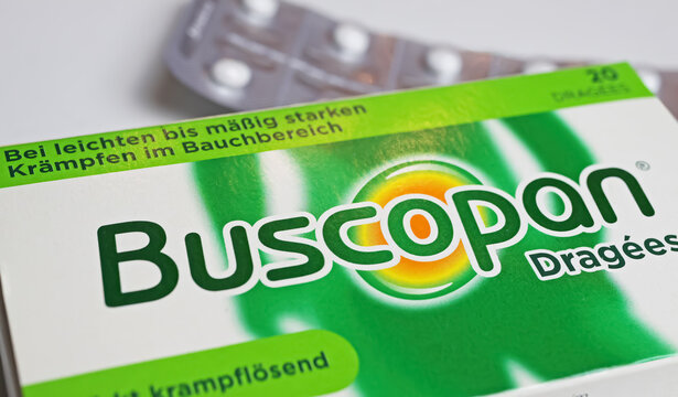 Viersen, Germany - Juin 9. 2022: Closeup of Buscopan pills packet, medication for crampy abdominal pain
