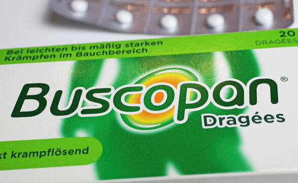 Viersen, Germany - Juin 9. 2022: Closeup of Buscopan pills packet, medication for crampy abdominal pain