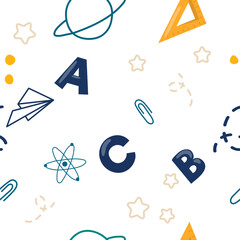 Back To School Pattern Background.School seamless pattern with doodles, school supplies, stationary. Good for wrapping paper, scrapbooking, stationary, wallpaper, kids textile, etc. EPS 10. 