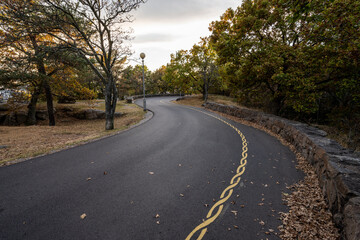 Curvy asphalt road with a yellow painted road marking.