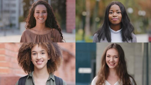 Split screen collage diverse multiethnic young happy women looking at camera smiling white toothy smile joyful females clients satisfied with service attractive girls models students posing outdoors