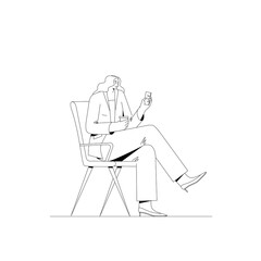 Businesswoman drinks coffee and looks at the phone while sitting in a chair.