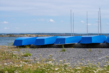 Fototapeta na wymiar Small sailboats laid up by a marina.