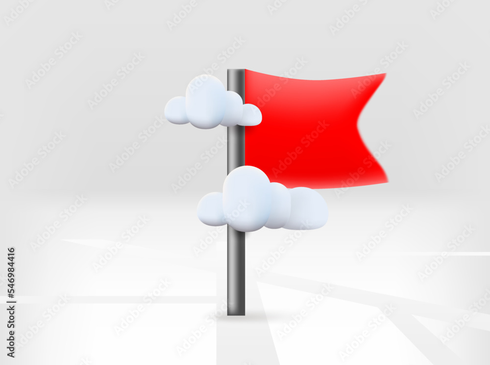 Poster red flag with road map and clouds. 3d vector isolated illustration