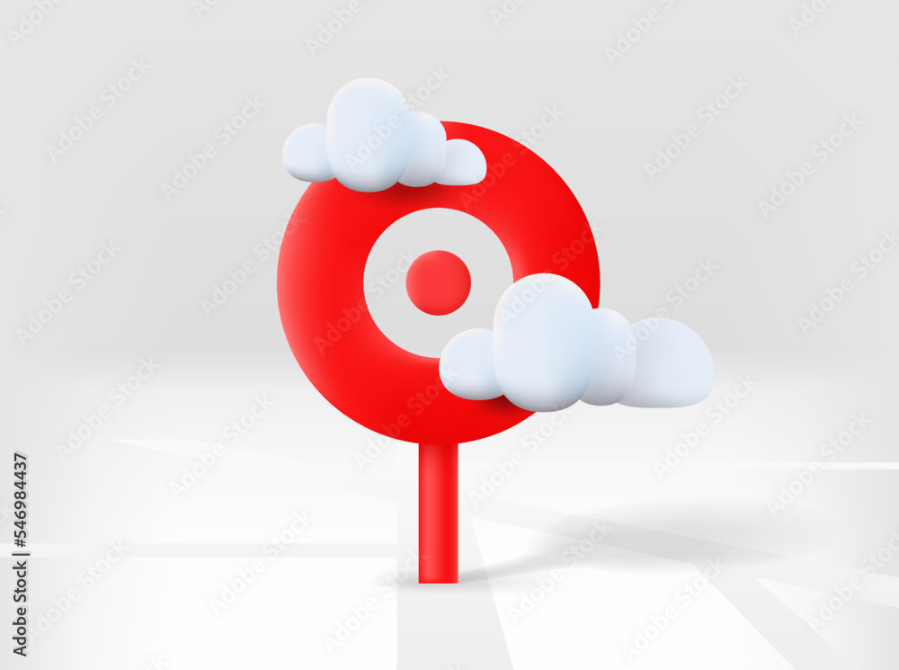 Poster Red navigation pin with road map and clouds. 3d vector isolated illustration