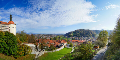Beautiful and Picturesque cityscape of Skofja Loka. Small historic town in Slovenia. Copy space for text
