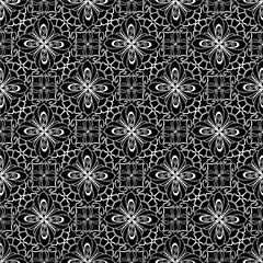 seamless graphic pattern, floral white ornament tile on black background, texture, design