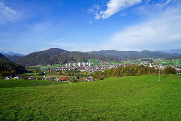 Beautiful and Picturesque cityscape of Skofja Loka. Small historic town in Slovenia. Copy space for text
