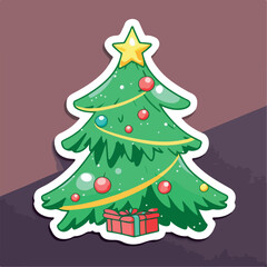 Christmas tree cartoon sticker, xmas tree with toys stickers decoration. New-year collection