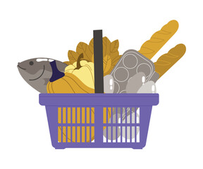 Shopping Basket Full of Groceries and Food with Fish, Bread and Eggs Vector Illustration