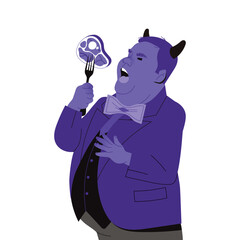 Horned Greedy Blue Fat Man with Belly Eating Beef Steak on Fork Vector Illustration