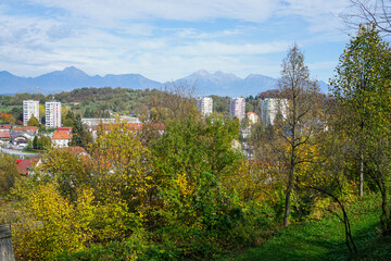 Beautiful and Picturesque cityscape of Skofja Loka. Small historic town in Slovenia. Copy space for text
