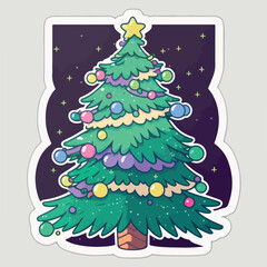 Christmas tree cartoon sticker, xmas tree with toys. New-year holidays