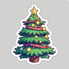 Christmas tree cartoon sticker, xmas tree with toys printable stickers sheet. New-year holidays
