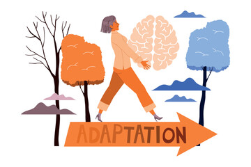 Woman Carrying Huge Brain Walking Across Arrow as Mass Emigration Vector Illustration