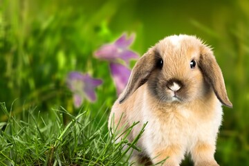 Small cute bunny or rabbit on green grass.