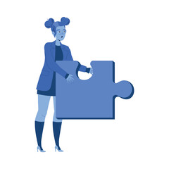 Young Woman with Jigsaw Puzzle Having Challenge with Emigration Vector Illustration