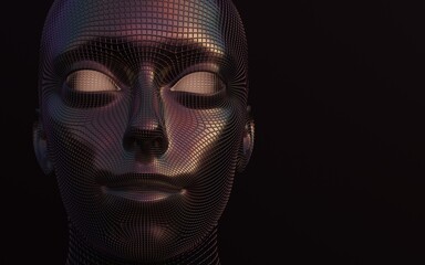 Abstract 3d render illustration of metallic human face on a black background