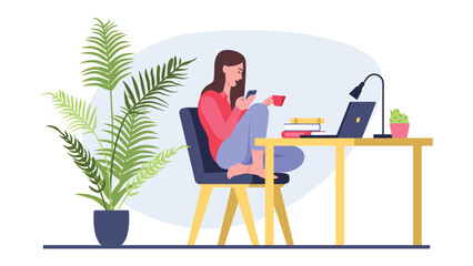 Vector illustration of a girl with a cup sitting on a chair. Cartoon scene with girl drinking coffee at table with laptop and looking at the phone on white background.