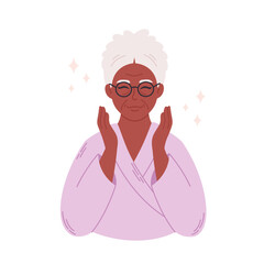 Old black woman after skin care and anti aging procedures. Treatment for wrinkles, eyes bags, rejuvenation. Spa procedures at home. Hand drawn vector illustration