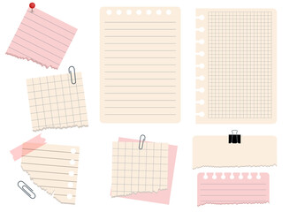 Notebook labels. Paper notes on stickers, notepads and memo messages torn paper sheets.