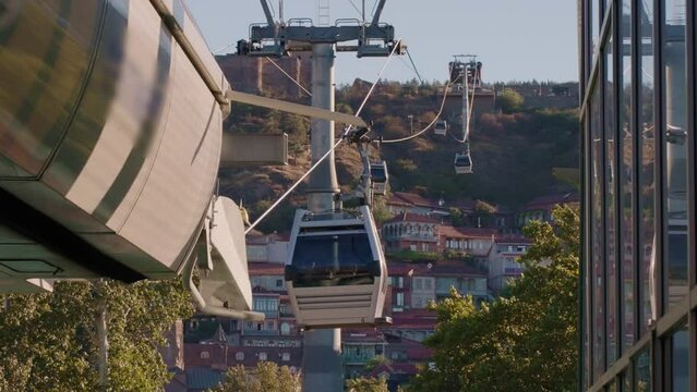 Metro cable, module movement up the castle mountain, Tbilisi, Georgia. City transport, Tourism