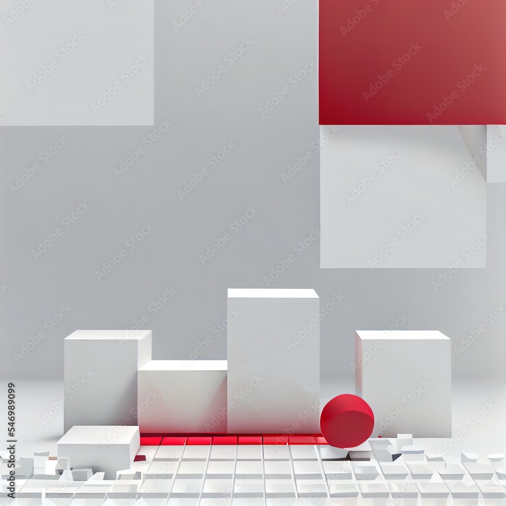 Poster 3d render, abstract background with white square concrete blocks and red glass pieces. modern minima