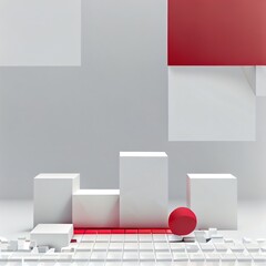3d render, abstract background with white square concrete blocks and red glass pieces. Modern minimal isometric showcase scene with empty podium for product presentation