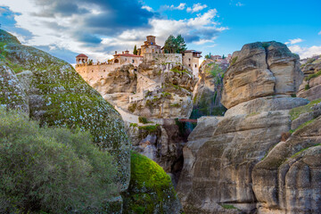 Fototapeta na wymiar View of Meteora Monastery, Greece. Geological formations of big rocks with Monasteries on top of them.