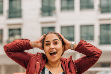 girl in the street excited with joy