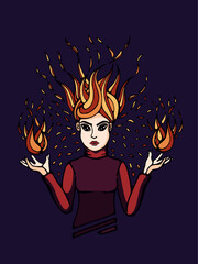 The magical girl ignites and controls the fire with her hands at night.