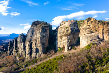 Plakat View of Meteora Monastery, Greece. Geological formations of big rocks with Monasteries on top of them.
