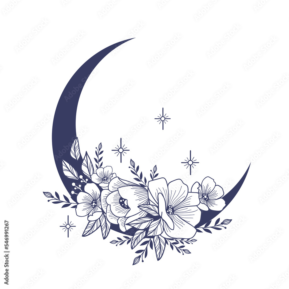 Wall mural set of crescent moons with flower, flower moon, floral magic celestial clipart, blooming moon with s