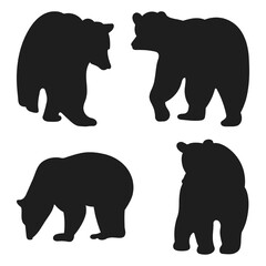 Vector set of clubfoot bear standing, different silhouettes of mammals wild animals hand drawn, isolated vector