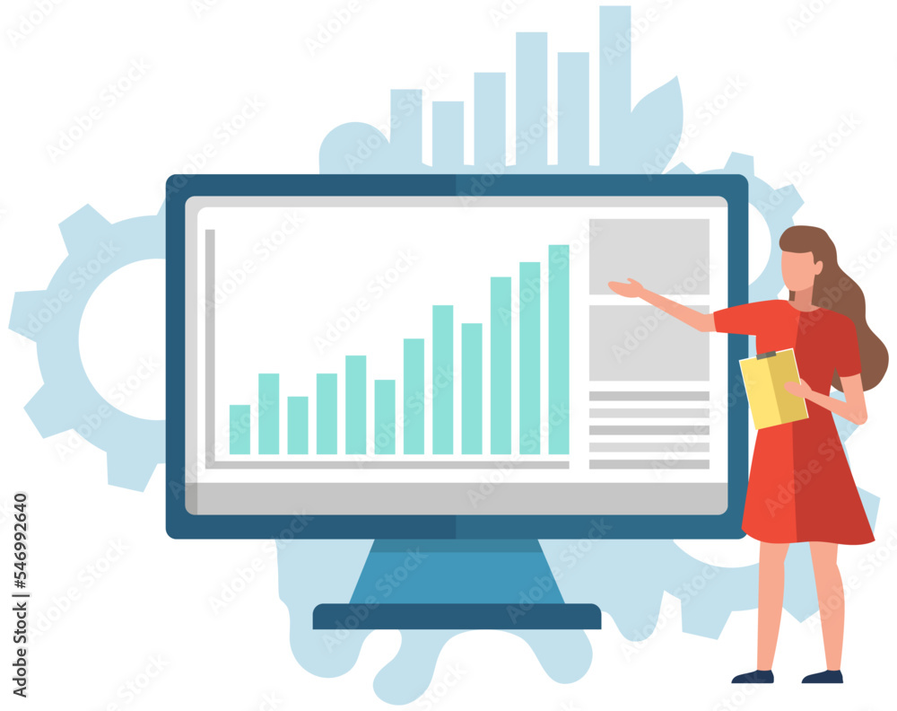 Poster woman shows data analysis on monitor. girl with clipboard looks at diagrams on computer screen. fema