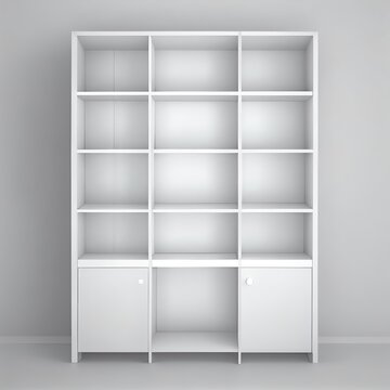 3D mockup of white empty cabinet with shelves on light wall. Kitchen furniture or bookshelf for office and home. Shop, gallery showcase. Blank retail storage space. Interior design furniture