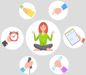 Businesswoman practicing mindfulness meditation, clearing her mind from multitasking and very busy with work. Releasing stressful thoughts and expressing her potential, yoga and self consciousness