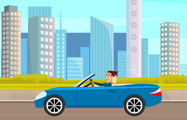Modern car parking along town street in cartoon style. Vehicles car on city street. Auto on road with trees. Beautiful automobile in nature park. Travel by car. Drive transport. Automotive concept