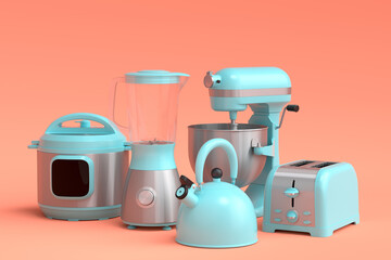 Electric kitchen appliances and utensils for making breakfast on coral