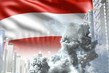 big smoke pillar in the modern city - concept of industrial disaster or terrorist act on Austria flag background, industrial 3D illustration