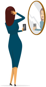 Selfie of brunette sensual woman wearing blue dress. Girl is photographed in mirror on mobile phone camera. Female character posing in mirror. Lady with smartphone is making self portrait photo
