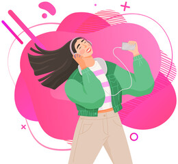 Young teen girl listening to her favorite music through mobile app. Application for listening to songs online. Female character in headphones connected to phone isolated