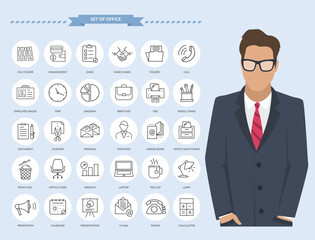 Office thin line icons. Businessman with set of office contact and payment icons, connection methods illustration. Serious bearded man wearing business clothes and outline web elements templates