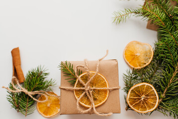 Eco friendly alternative green Xmas gifts wrapped with recycled craft paper. Zero waste Christmas,...